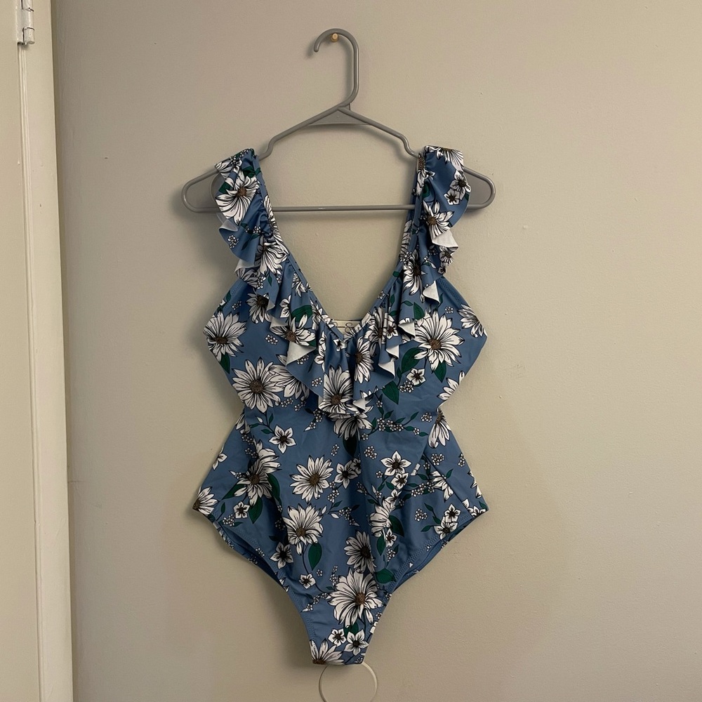 Jessica Simpson Daisy Blue Ruffle One Piece Swim -Size L NWOT